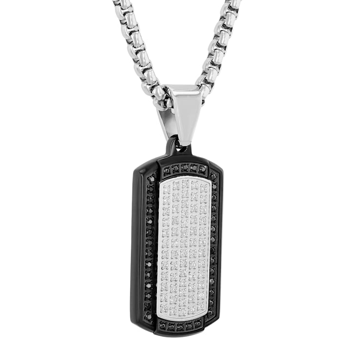 3/8CTW Black and White Diamond Two-Tone Stainless Steel Dog Tag Pendant