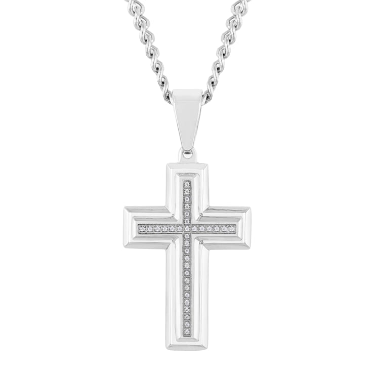 1/10CTW Diamond Stainless Steel Stacked Cross Pendant