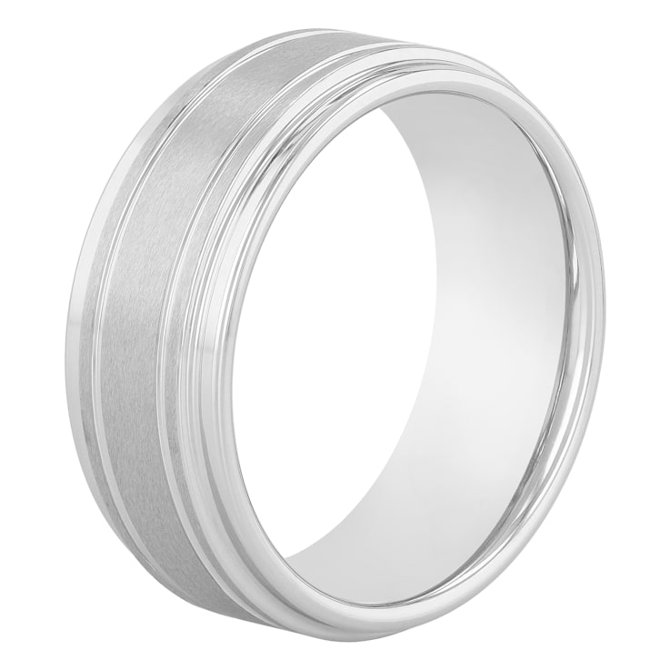 Tungsten Comfort™ Tungsten White Step Edge Center Brushed Groove Band