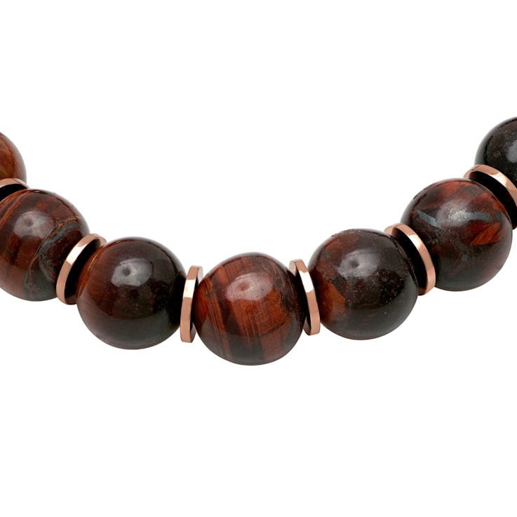 Rose Ion Plated Stainless Steel and Red Tiger Eye Bead Bolo Bracelet