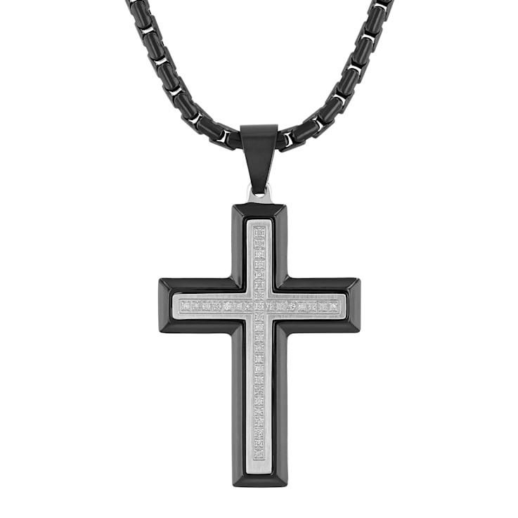 1/5CTW Diamond Stainless Steel Black Ion Plated Cross Pendant