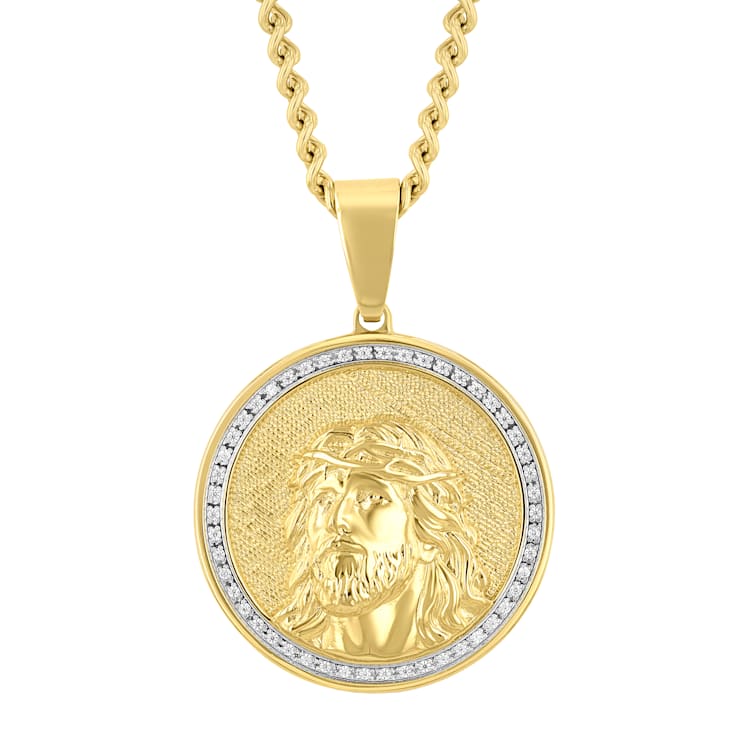 1/4CTW Diamond Stainless Steel Yellow Ion Plated Jesus Face Textured
Background Medallion Pendant