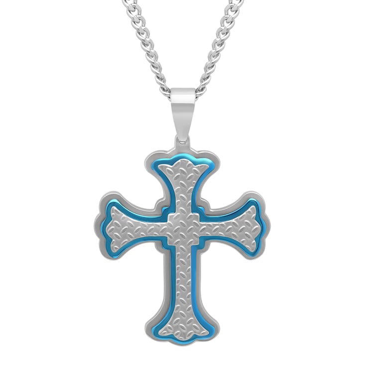 Stainless Steel with Blue Plating Textured Stacked Cross Pendant