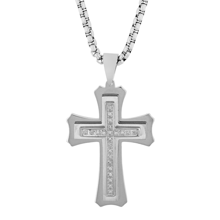 0.16CTW Diamond Stainless Steel Stacked Cross Pendant