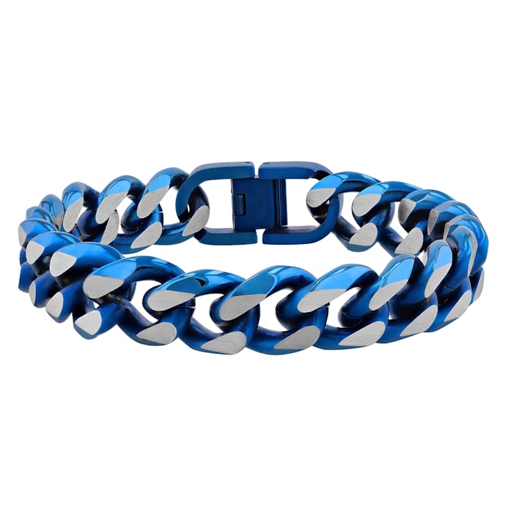 Stainless Steel White & Blue Ion Plated Beveled Curb Bracelet