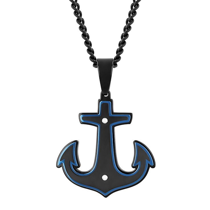 Stainless Steel Anchor Pendant with Black and Blue Finish