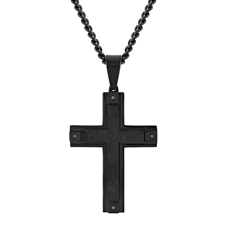 Black Diamond Accent Stainless Steel Black Ion Plated with Forged Carbon
Fiber Cross Pendant