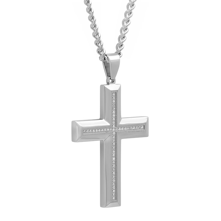 1/4CTW Diamond Stainless Steel Beveled Cross Pendant