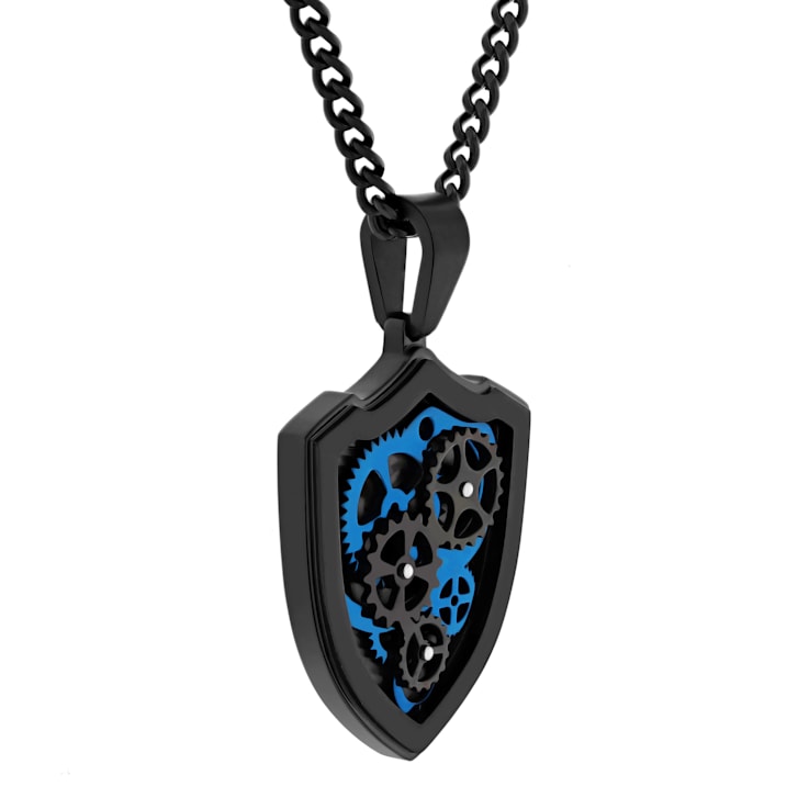 Two-Tone Stainless Steel Gear and Shield Pendant