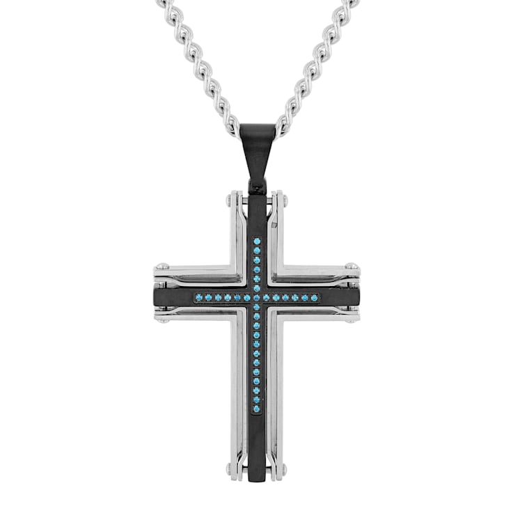 1/6CTW Blue Diamond Stainless Steel Black Ion Plated Stacked Cross Pendant