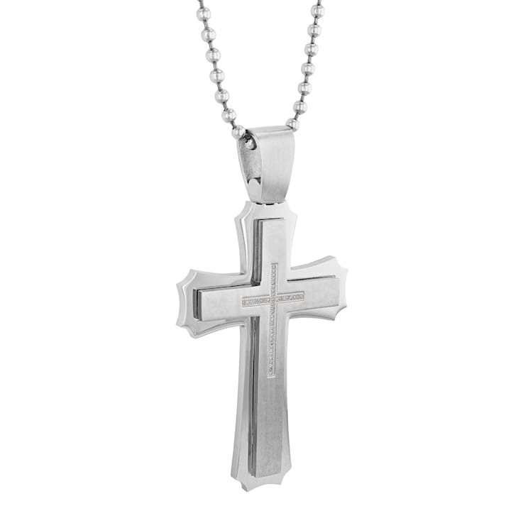 1/4CTW Diamond Stainless Steel Stacked XL Cross Pendant