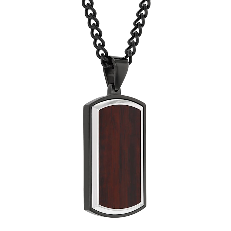 Black Stainless Steel Woodgrain Carbon Fiber Inlay Dog Tag Pendant