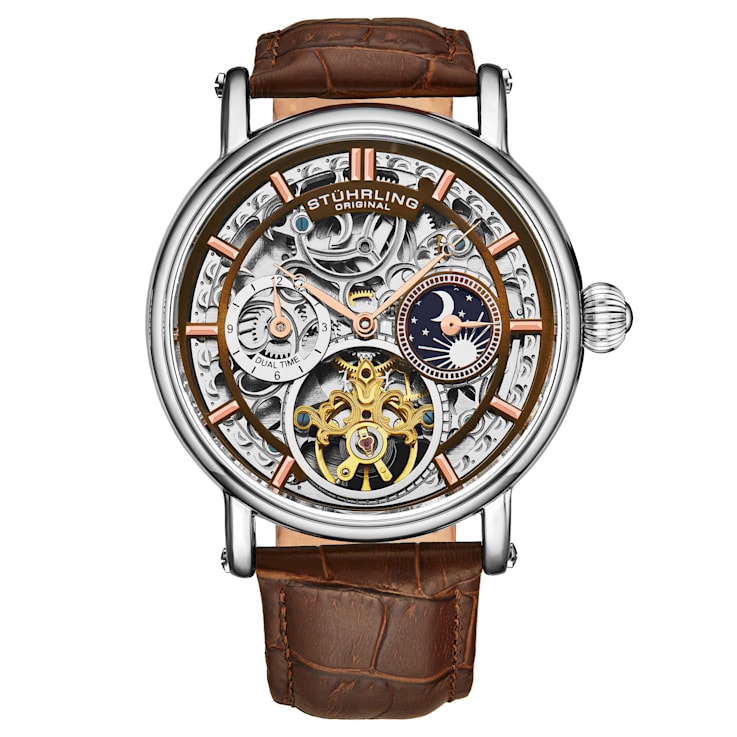 Men's Automatic Watch Silver Case, Brown Dial Ring with Silver
Background, Brown Leather Strap