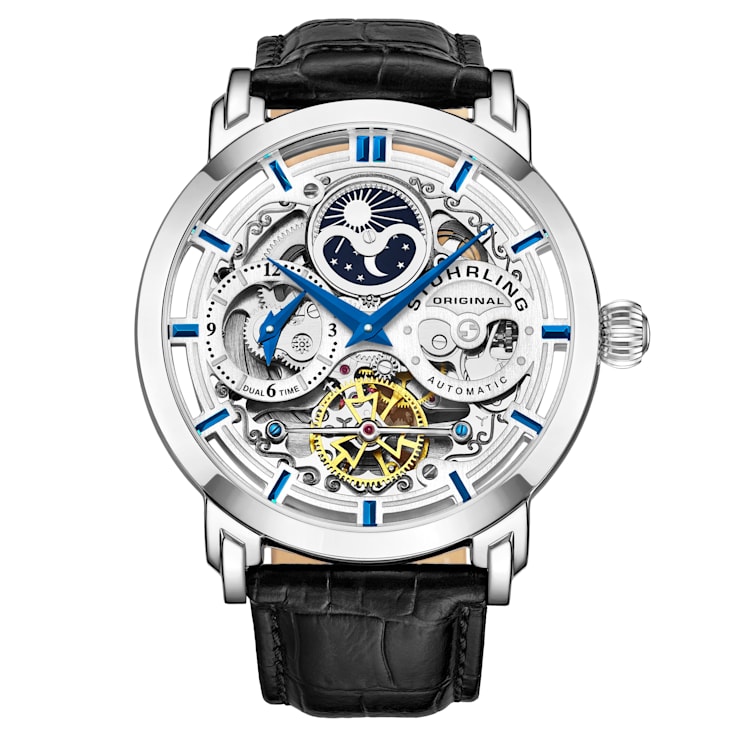 Men's Automatic Stainless Steel Watch on Black Leather Strap, Silver
Skeletonized Dial