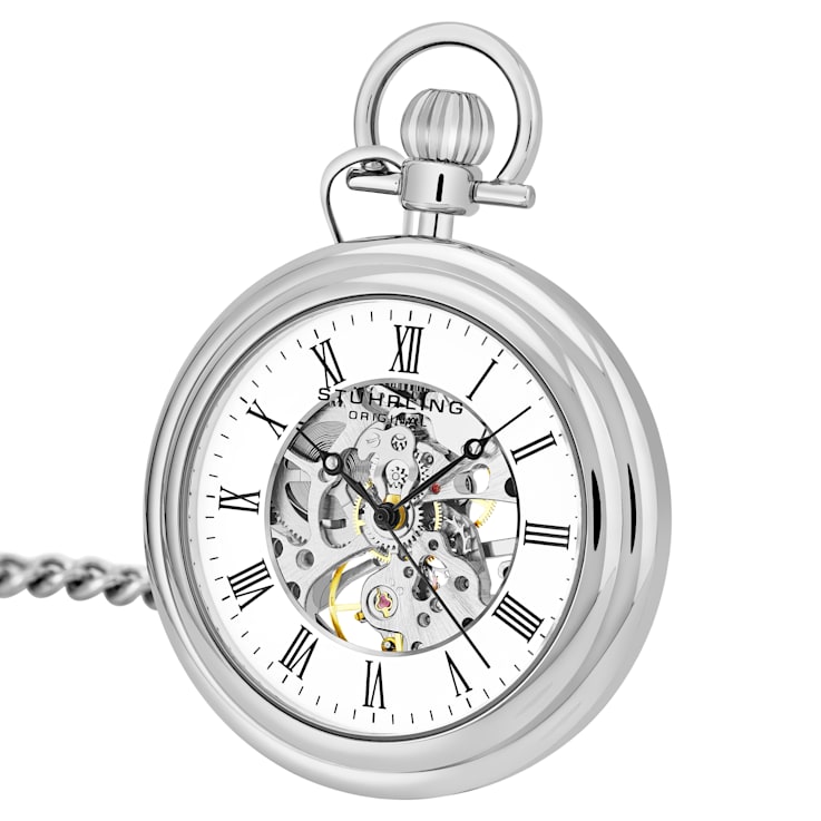 Stainless Steel Pocket Watch on Silver Tone Chain with White Bezel and
Black Accents.