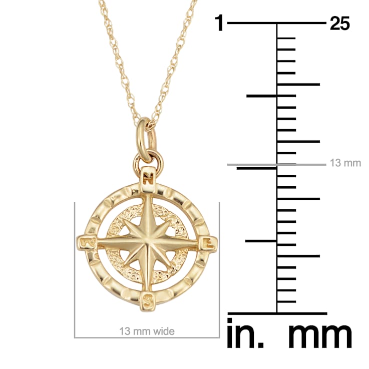14k Yellow Gold Wind Rose Compass Pendant Rope Chain Necklace for Women (18 inch)