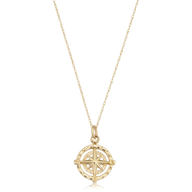 14k Yellow Gold Wind Rose Compass Pendant Rope Chain Necklace for