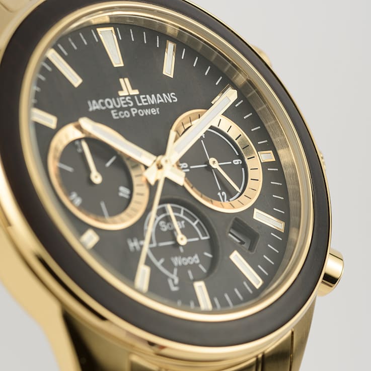 JACQUES LEMANS Eco Power Men's Watch with Stainless Steel/Wood Inlay
Strap Gold, Chronograph 1-2115