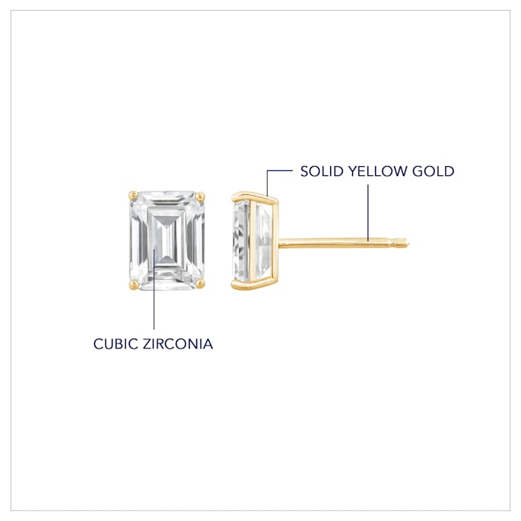 LUXGEM 10K Yellow Gold Emerald Cut Solitaire Studs | 4 carat Cubic Zirconia