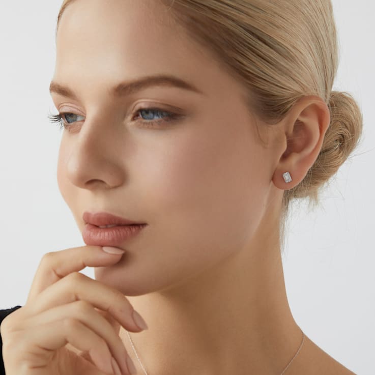 LUXGEM 10K White Gold Emerald Cut Solitaire Studs | 1 carat Cubic Zirconia