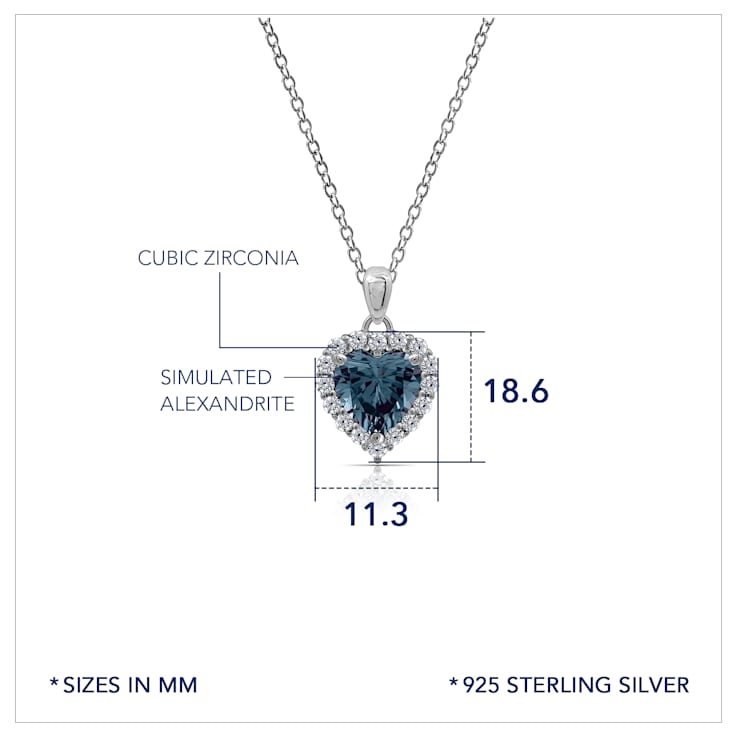 J'ADMIRE Alexandrite Simulant Platinum Over Sterling Silver Heart
Pendant with Chain