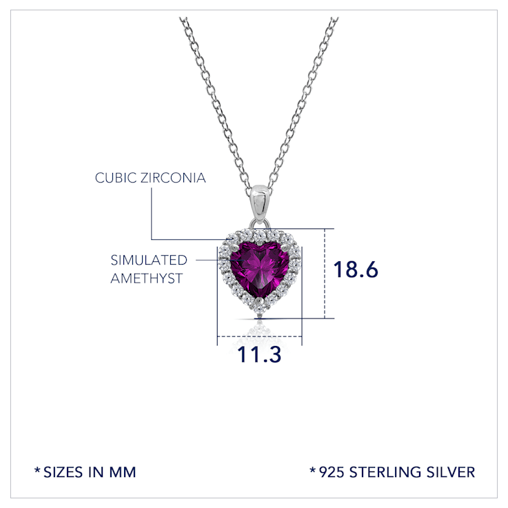 J'ADMIRE Amethyst Simulant Platinum Over Sterling Silver Heart Pendant
with Chain