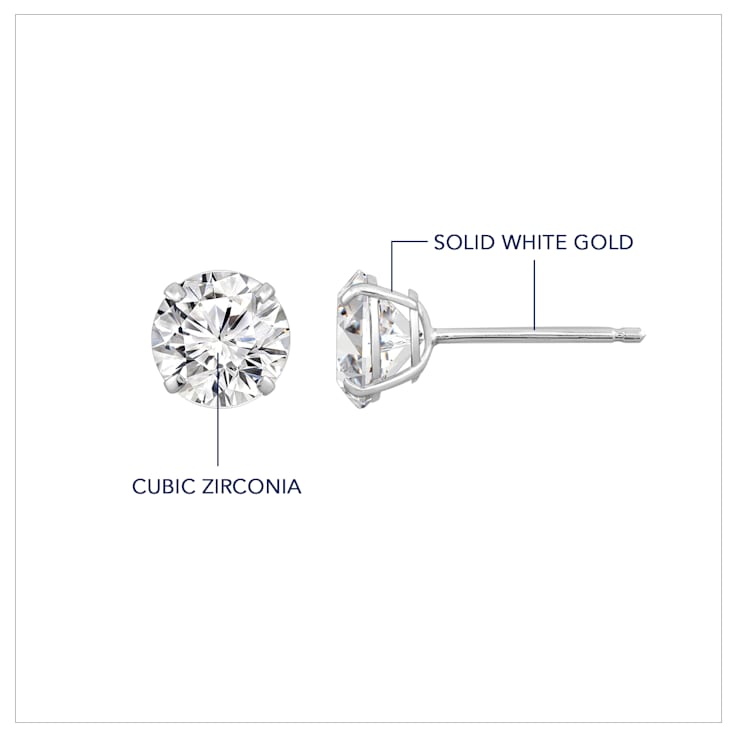 LUXGEM 14K White Gold Round Cut Solitaire Studs | 3 carat Cubic Zirconia