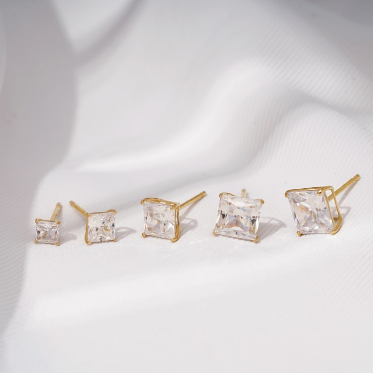 14K Solid Gold CZ Square Solitaire Studs