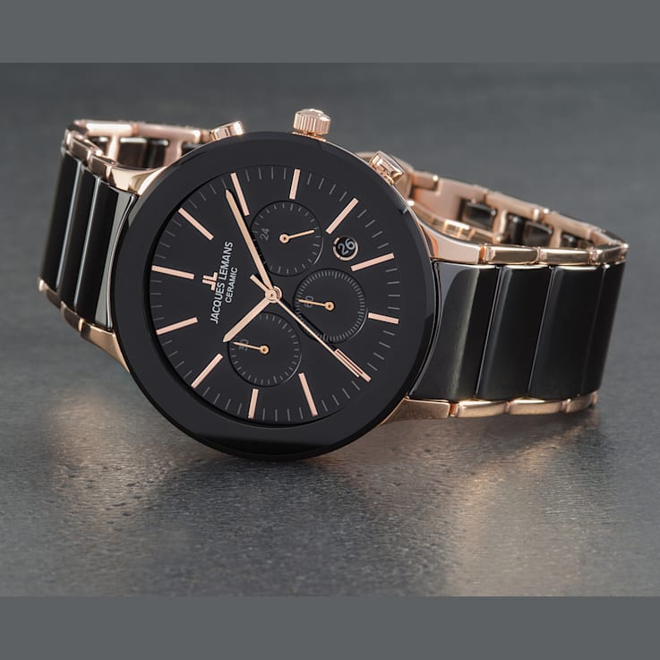 JACQUES LEMANS Dublin Men s Watch with High Tech Ceramic Strap Stainless Rose Chronograph 1 1854 19FY0A