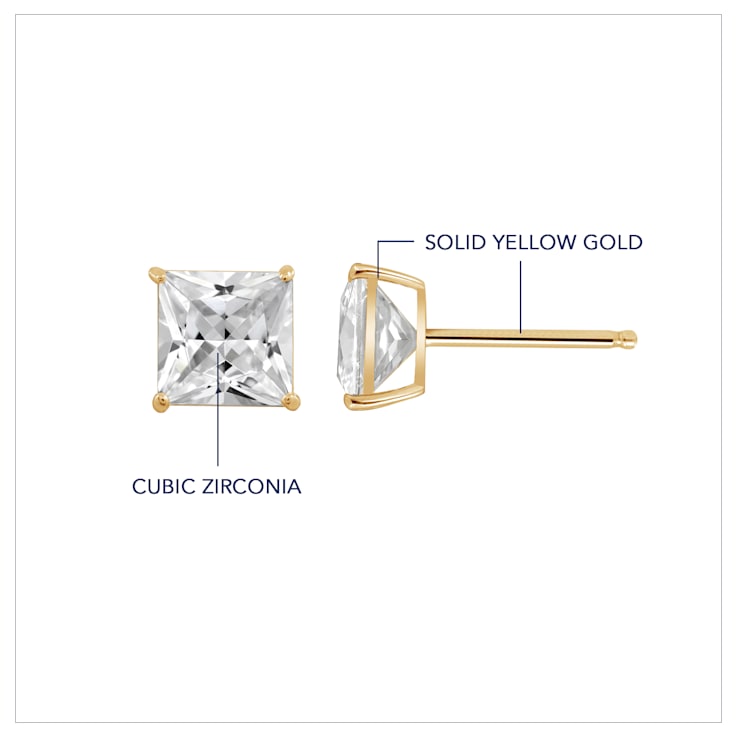 LUXGEM 10K Yellow Gold Princess Cut Solitaire Studs | 2 carat Cubic Zirconia