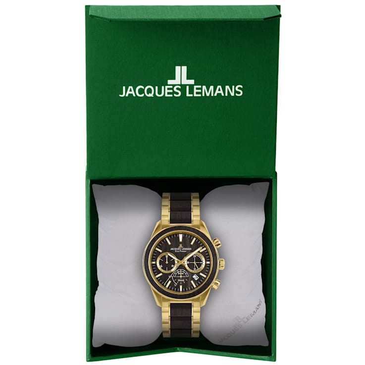 JACQUES LEMANS Eco Power Men's Watch with Stainless Steel/Wood Inlay
Strap Gold, Chronograph 1-2115