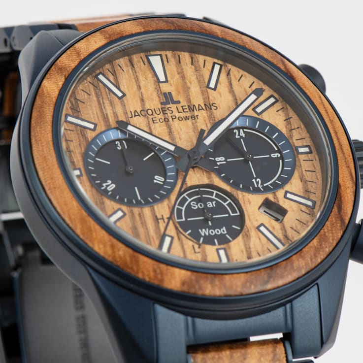 JACQUES LEMANS Eco Power Men's Watch w/Stainless Steel/Wood Inlay Strap
Blue, Chronograph 1-2115