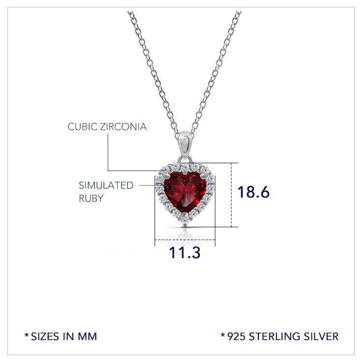 J'ADMIRE Ruby Simulant Platinum Over Sterling Silver Heart Pendant with Chain