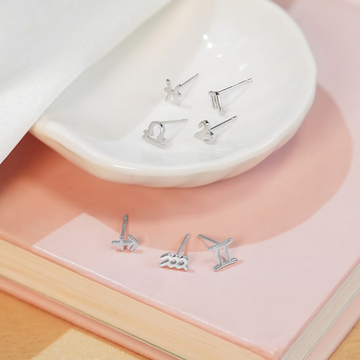 J'ADMIRE Platinum 950 Over Sterling Silver Dainty Zodiac Aquarius Stud Earrings