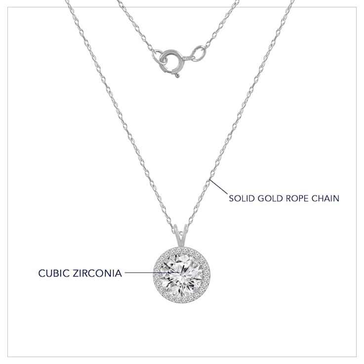 LUXGEM 14K White Gold Round Halo Pendant Necklace | 2 Carat Cubic Zirconia