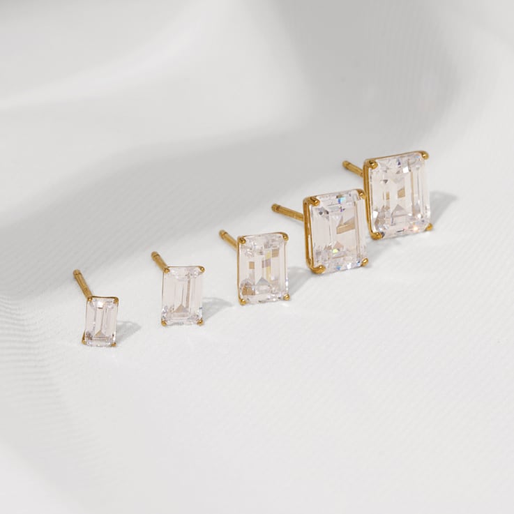 LUXGEM 14K White Gold Emerald Cut Solitaire Studs | 3 carat Cubic Zirconia
