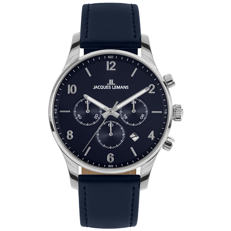 JACQUES LEMANS Stainless Solid Classic Steel, - Leather Men\'s 1-2126 Chronograph, Strap, with Watch 193K0A