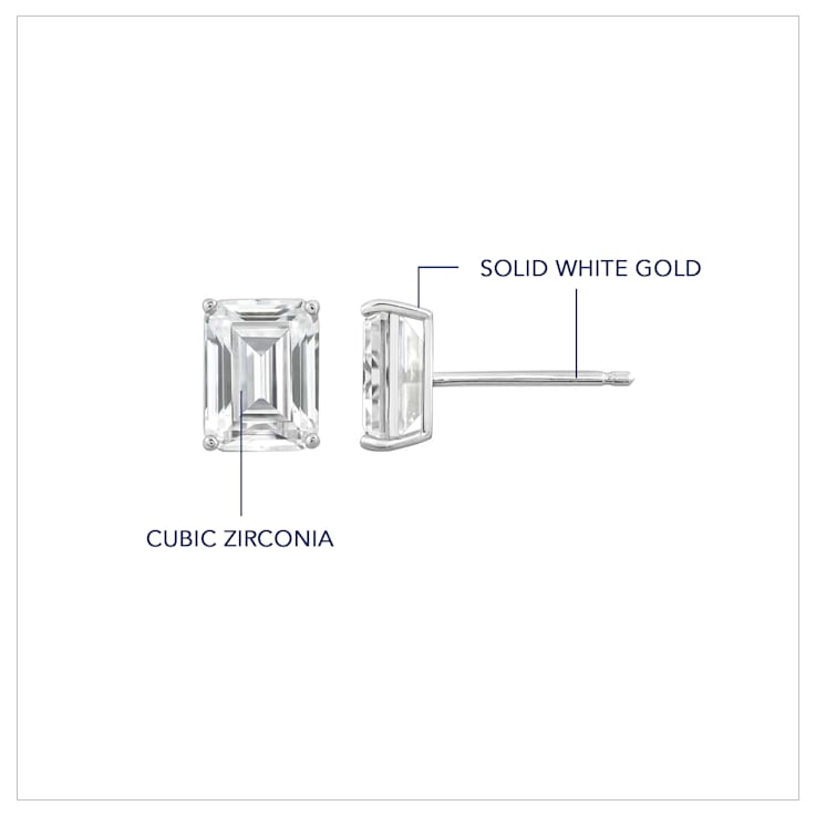 LUXGEM 14K White Gold Emerald Cut Solitaire Studs | 4 carat Cubic Zirconia
