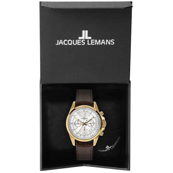 JACQUES LEMANS Men's Sport Watch Silicone/Leather, Stainless Steel
Strap, Gold, Chronograph 1-2117