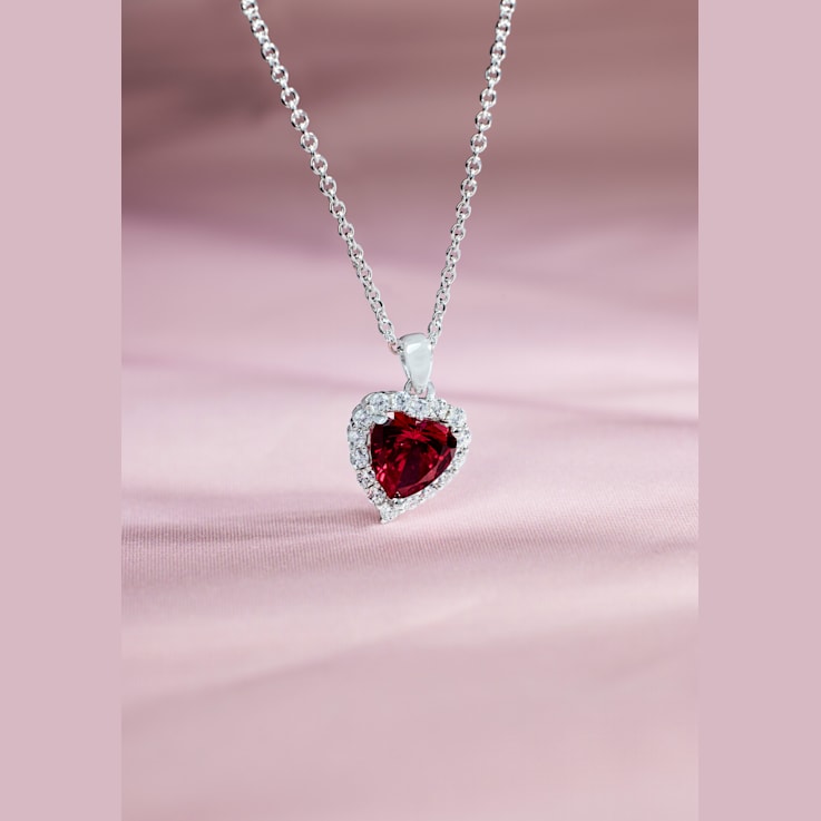 J'ADMIRE Garnet Simulant Platinum Over Sterling Silver Heart Pendant
with Chain