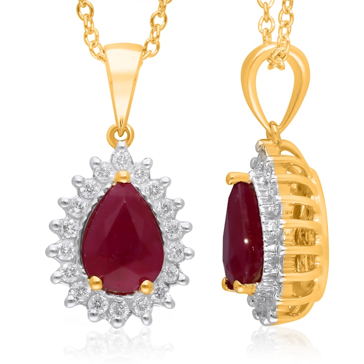 KALLATI 14K Yellow Gold Ruby and Diamond Halo Dangle Pendant with Chain 0.80ctw