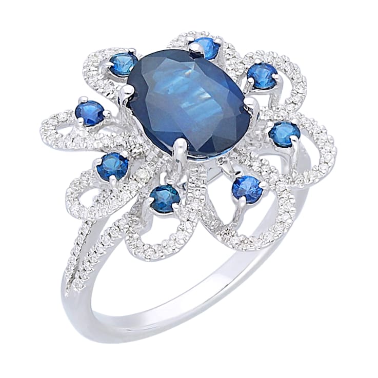 KALLATI 14K White Gold Sapphire and Diamond Center Design Ring 2.50ctw