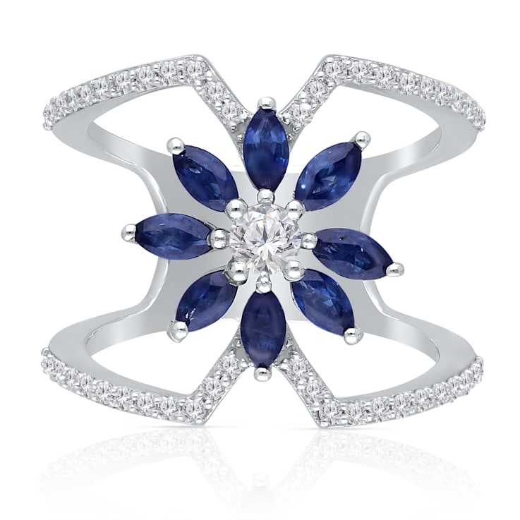 KALLATI White Gold 1.25 ctw Sapphire and Diamond Flower Ring