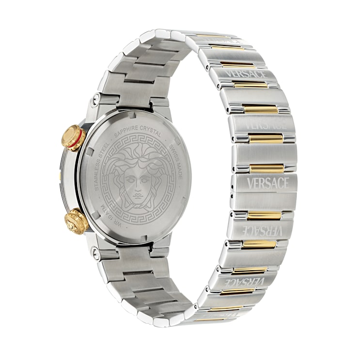 Greca Logo Mens Watch Two Tone Case Blue Guilloché Dial Two Tone Bracelet