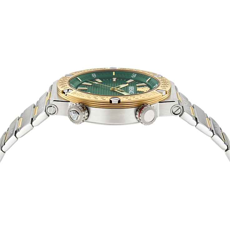 Greca Logo Mens Watch Two Tone Case Green Guilloché Dial Two Tone Bracelet