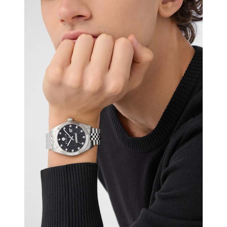 Date Superlative Black Dial Stainless Steel Crystal Watch
