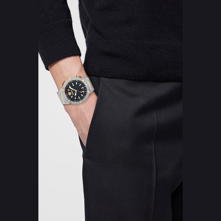 Greca Logo Mens Watch Two Tone Case Blue Guilloché Dial Two Tone Bracelet