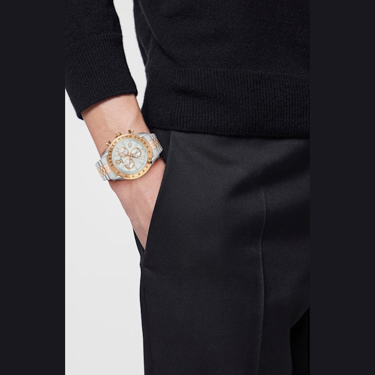 Versace Chrono Master Mens Watch Two Tone Case Silver Guilloché Dial Two
Tone Bracelet