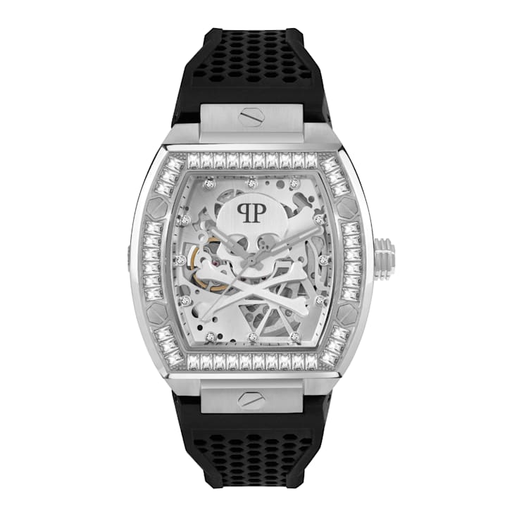 Philipp Plein The $keleton White Dial Black Silicone Strap Watch