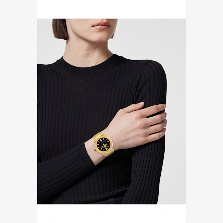 Versace Greca Logo Moonphase Black Dial Yellow Stainless Steel Bracelet Watch